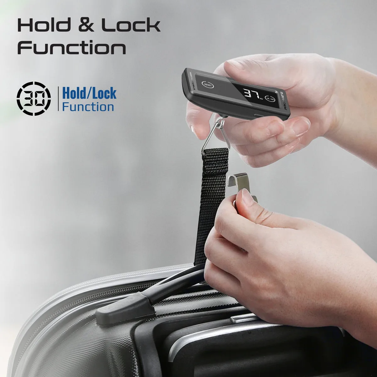 Hands clipping the scale's strap around a suitcase handle, hold and lock function with the display reading 37.6 kg