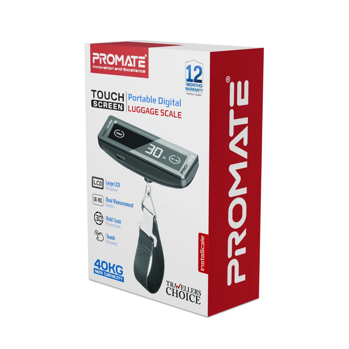 Retail box for the Promate touch screen portable digital luggage scale, 40 kg maximum capacity