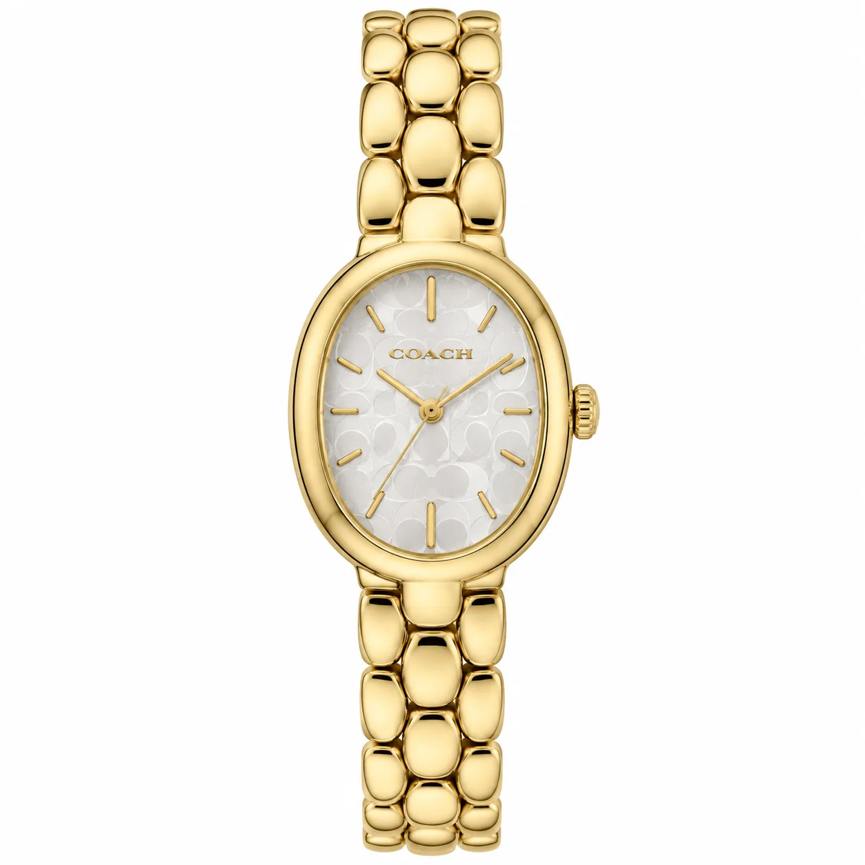 Coach Sammy Mini ladies watch: oval white signature-print dial with gold-tone link bracelet, front view