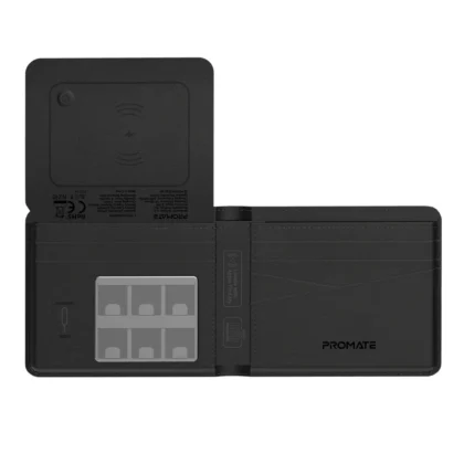 Promate ProWallet smart leather wallet, open, showing its card slots and SIM card holders, on a white background
